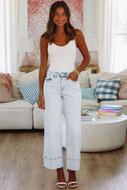 ZuZu High Rise Cropped Wide Leg Jeans - Light Denim
